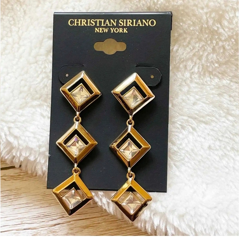 Christian Siriano Statement Drop Earrings Gold Tone Rhinestones Geometric New.